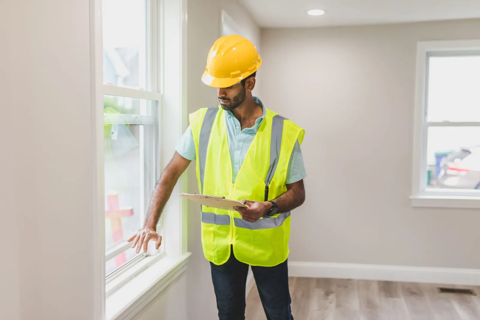 A technician checking the operation of a window in a home